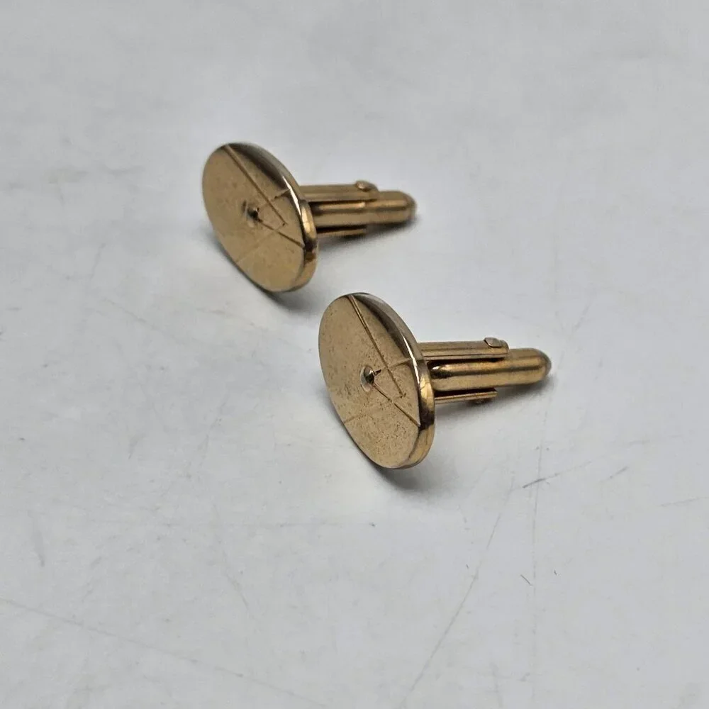 Vintage Gold Oval Cufflinks With Geometric Engraving Mid Century